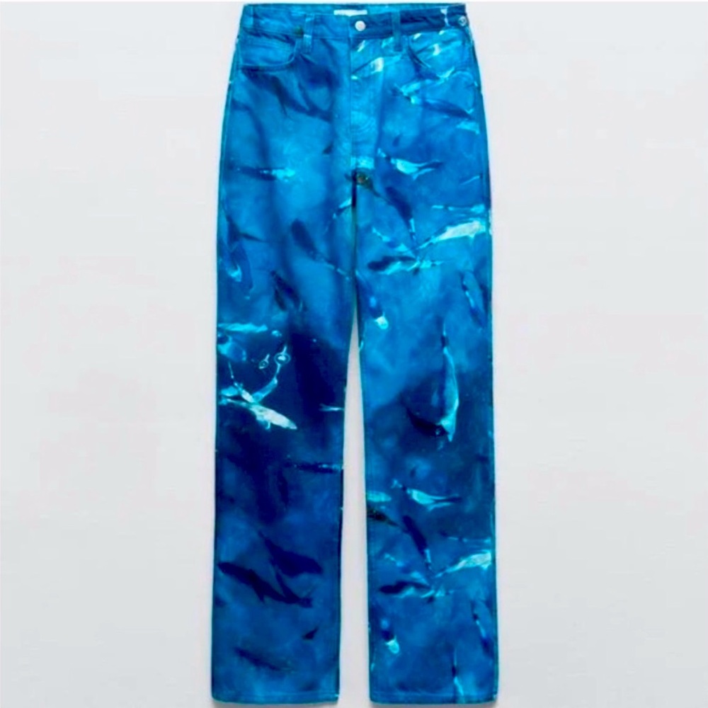 BLUE STRAIGHT ZARA PRINTED WHALE JEANS